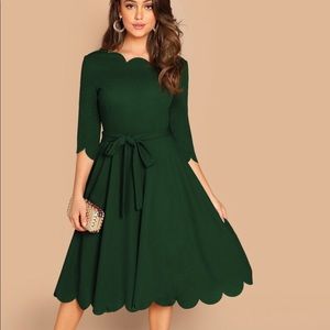 Scallop Trim Belted Skater Dress